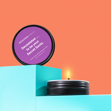 Load image into Gallery viewer, Devastated... to be your Secret Santa | Travel candle with deep purple label | Press Pause Candles

