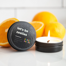 Load image into Gallery viewer, Let&#39;s Be Zesties Soy Wax Candle Travel Candle - 10h | Sweet Orange | Press Pause Candles
