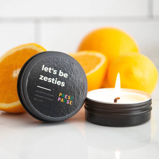 Let's Be Zesties Soy Wax Candle Travel Candle - 10h | Sweet Orange | Press Pause Candles
