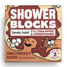 Load image into Gallery viewer, Shower Blocks - Coconut &amp; Cacao 2in1 Shampoo &amp; Conditioner – Dry/Frizzy Hair - Life Before Plastic
